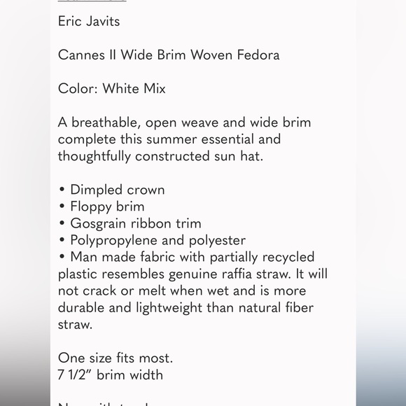 Eric Javits Cannes II Wide Brim Woven Fedora White Mix NWOT - Picture 2 of 10